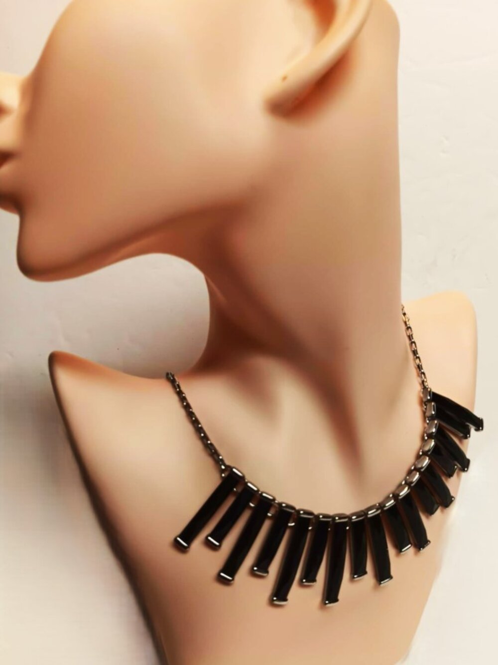 Bib style necklace, WHBM 18" silver tone with oblong black faceted pendants.
